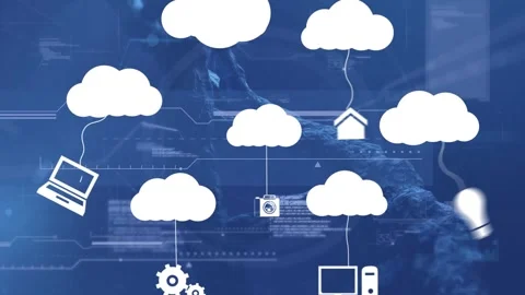 Animation of animation of cloud icons and data processing over dark background Stock Footage 330943637