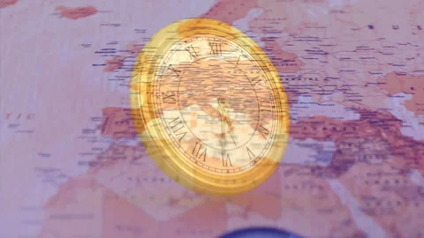 Animation of antique clock face overlaying map of Europe, suggesting time travel Stock Footage 304095343