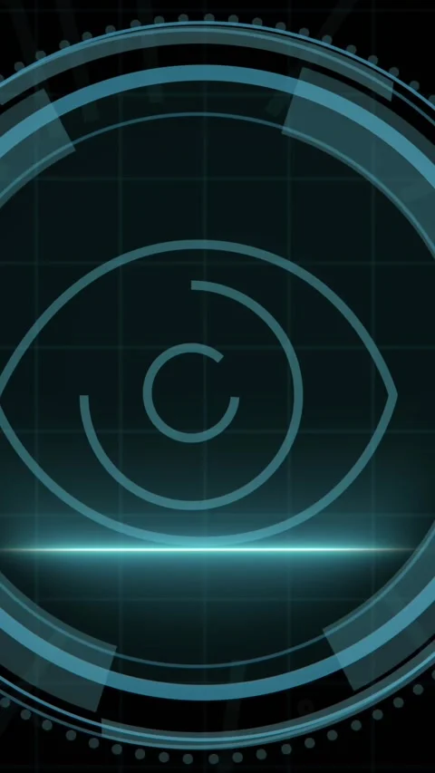 Animation of aperture effect against round scanner scanning over eye icon on Stock Footage 343028065