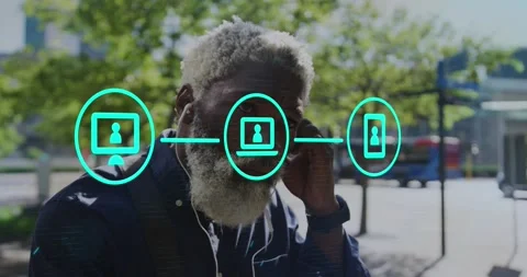 Animation of application icons and floating dots over senior african american Stock Footage 328149827