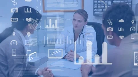 Animation of application icons and trading board over diverse female doctor Stock Footage 330400356