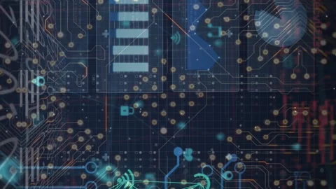 Animation of application icons connected with lines over infographic interface Stock Footage 312569913