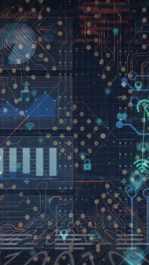 Animation of application icons connected with lines over infographic interface 動画素材 322084236