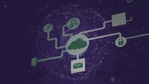 Animation of application icons connecting with lines over dots forming globe in Stock Footage 327199846
