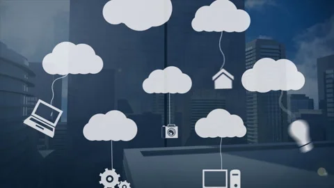 Animation of application icons hanging with clouds over modern skyscrapers Stock Footage 315949365