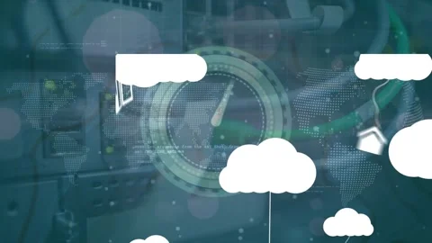 Animation of application icons hanging to clouds and maps, globe over ethernet Stock Footage 325836606