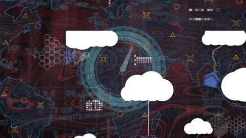 Animation of application icons hanging on clouds, map, computer code, clock over Stock Footage 329987051