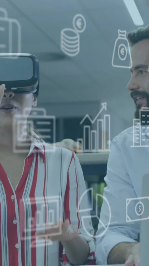 Animation of application icons over diverse woman using vr headset and talking Video stock 344370153