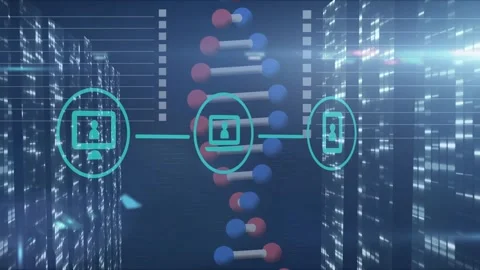 Animation of application icons with rotating dna helix over falling bar graphs Stock Footage 327358103