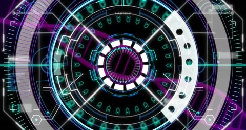 Animation of arc reactor with abstract pattern and dna helix over black Stock Footage 221008185
