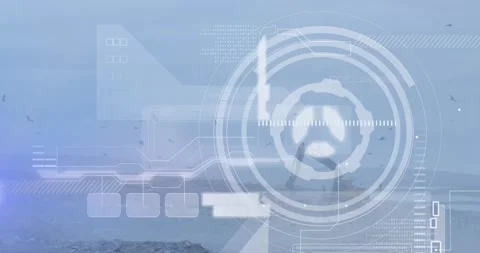 Animation of arc reactor and abstract pattern over bulldozer leveling the Stock Footage 221007937