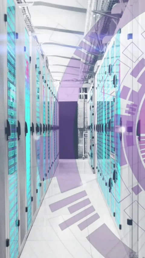 Animation of arc reactor and changing numbers over data racks in server room Stock Footage 344403095