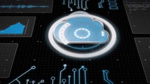 Animation of arc reactor, cloud, graphs, computer language and globe over black Video stock 248821911