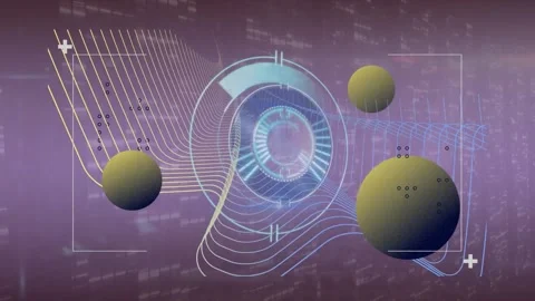 Animation of arc reactor, globes and abstract pattern in viewfinder over falling Stock Footage 209607300