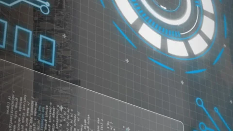 Animation of arc reactor, graphs and computer language over aerial view of Stock Footage 313088536