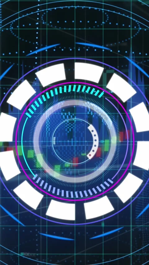 Animation of arc reactor, loading bars and circles, map over graph and globes on Stock Footage 344244054