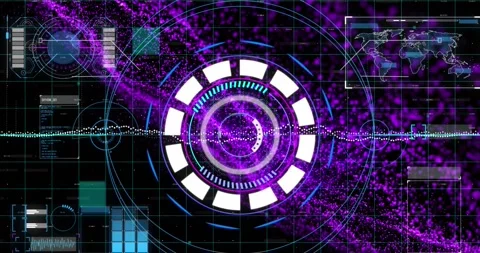 Animation of arc reactor over dots forming dynamic pattern, globe, map and Stock Footage 244737966