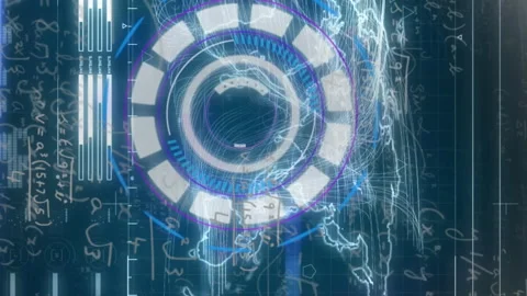 Animation of arc reactor over loading bars and map against mathematical Stock Footage 312645915