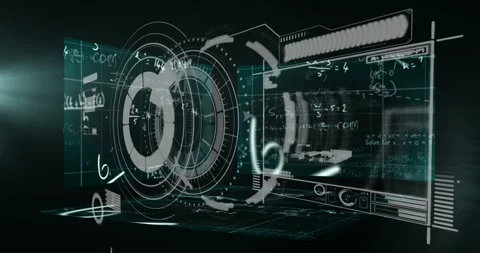 Animation of arc reactors, graph and loading bars over mathematical equation and Stock Footage 330171767