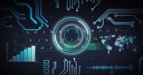 Animation of arc rector, keyboard , circuit board pattern over infographic Stock Footage 327355867