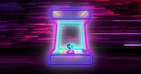 Animation of arcade machine icon text over light trails on black background Stock Footage 329222284