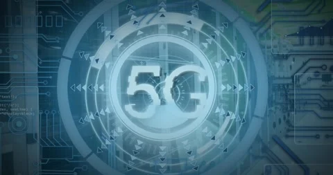 Animation of arrow and 5g text in loading circles, circuit board pattern over Stock Footage 250952500