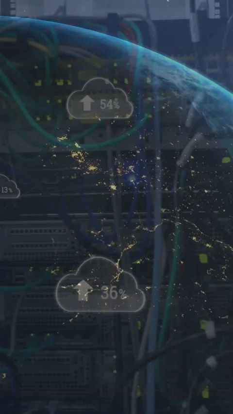 Animation of arrow and changing numbers in clouds over globe against back panel Stock Footage 344370142