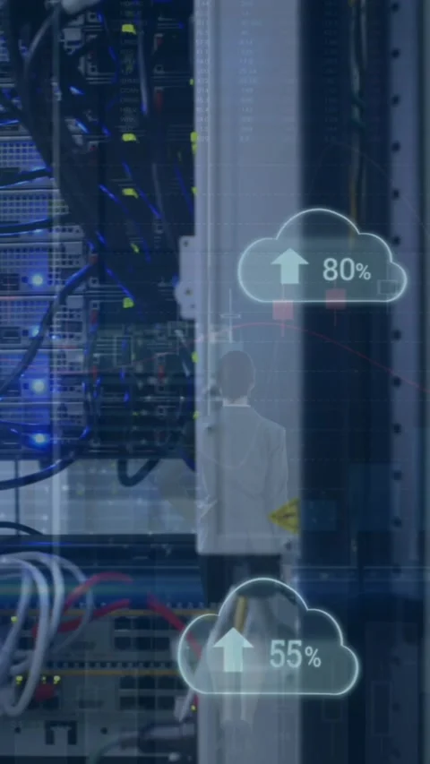 Animation of arrow and changing numbers in clouds over data server racks in Stock Footage 344636432