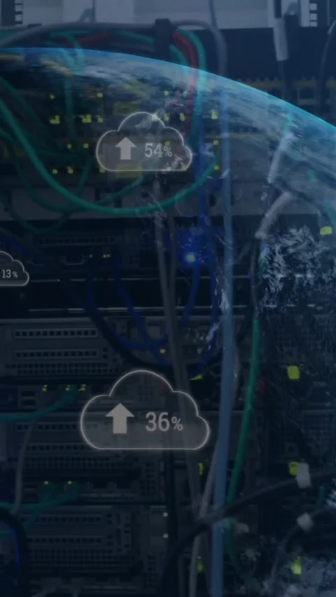Animation of arrow and changing numbers in clouds and globe over data server Stock Footage 344745982