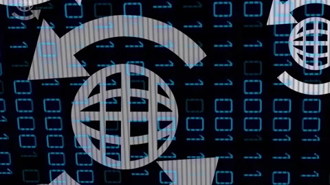 Animation of arrow around globes over looping binary codes against black Stock Footage 312304387
