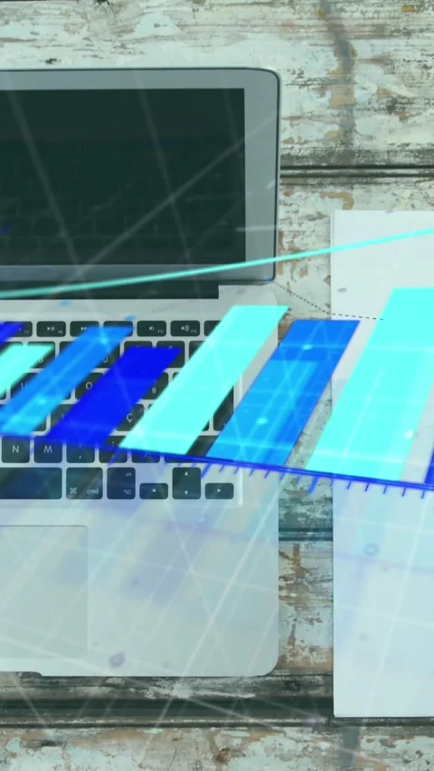 Animation of arrow on bar graphs, overhead view of cellphone, laptop, notepad, Stock Footage 320984022
