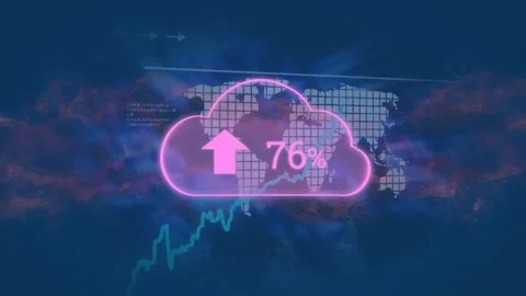 Animation of arrow, changing numbers in cloud over graphs, map against abstract Video stock 253429269