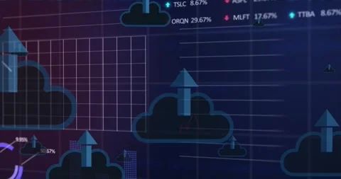 Animation of arrow in cloud with graphs, computer language and trading board Video stock 250382109