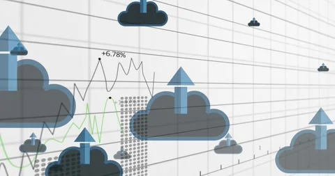 Animation of arrow in cloud with multiple graphs and changing numbers over white Video stock 250382127