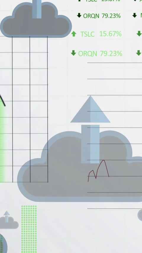 Animation of arrow in clouds with multiple graphs and trading boards over white Stock Footage 344706557