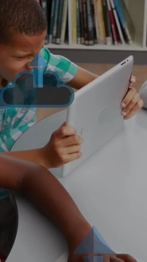 Animation of arrow in clouds over diverse children using digital tablet in Stock Footage 344244059