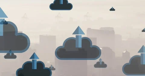 Animation of arrow in clouds over fog covered modern buildings against sky Stock Footage 329517754