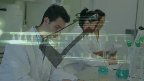 Animation of arrow, dna strand and data processing over diverse scientists in Stock Footage 329853617