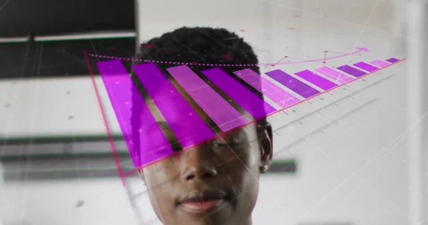Animation of arrow on falling bar graph over close up of african american woman Stock Footage 329125716