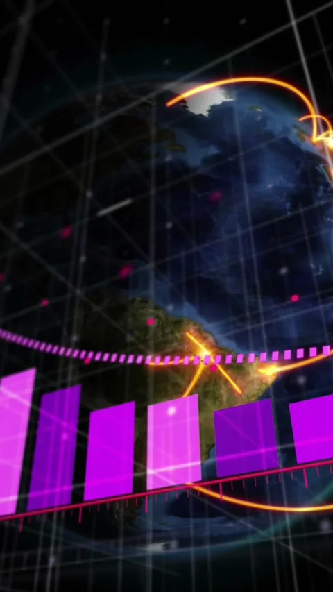Animation of arrow on falling graph and lines on rotating globe against space Stock Footage 341659663