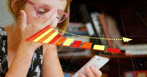 Animation of arrow on falling graph over caucasian girl adjusting spectacles and Stock Footage 315644343