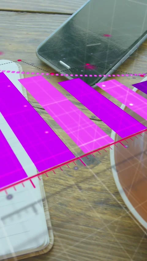 Animation of arrow on falling graph over coffee cup, notepad, pen and cellphone Stock Footage 320984032
