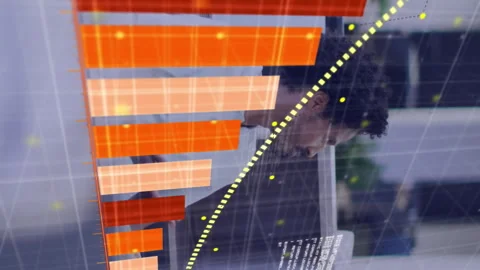 Animation of arrow on graph and computer language, diverse coworkers discussing Stock Footage 315219463