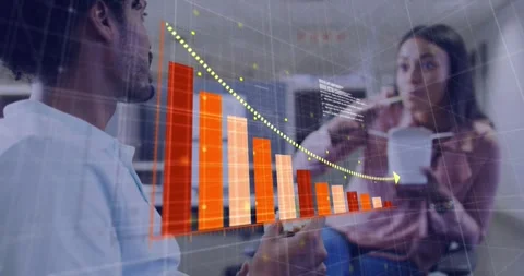 Animation of arrow on graph and computer language, diverse coworkers talking Stock Footage 328411088
