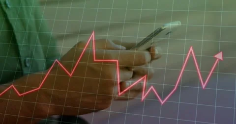 Animation of arrow graph on grid pattern over midsection of caucasian man typing Stock Footage 329511622