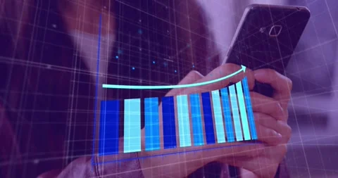 Animation of arrow on graph over grid pattern against smiling asian woman using Stock Footage 244866555