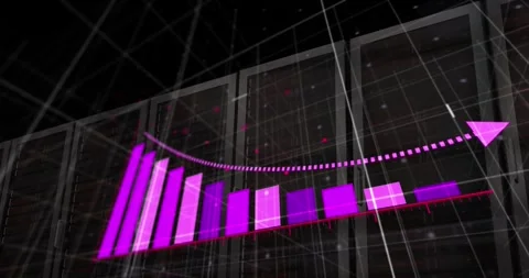 Animation of arrow on graph over grid pattern over server system racks in Stock Footage 247124269