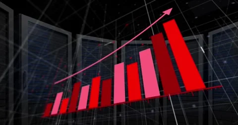 Animation of arrow on graph over grid pattern over server system racks in Stock Footage 247124274