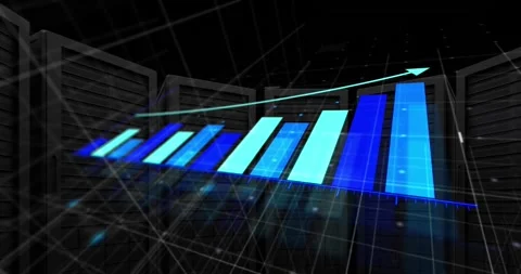Animation of arrow on graph over grid pattern over server system racks in Stock Footage 247126102