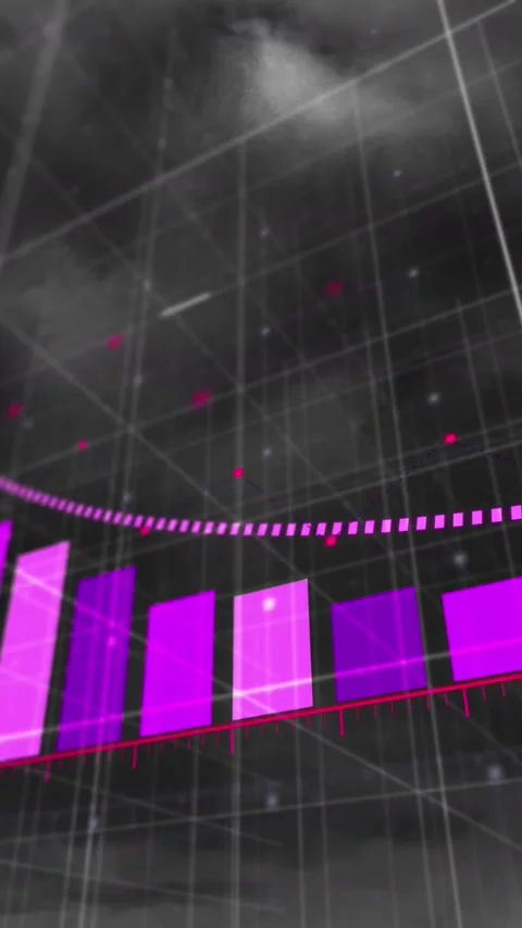 Animation of arrow on graph over grid pattern against lightning through dense Stock Footage 344766060